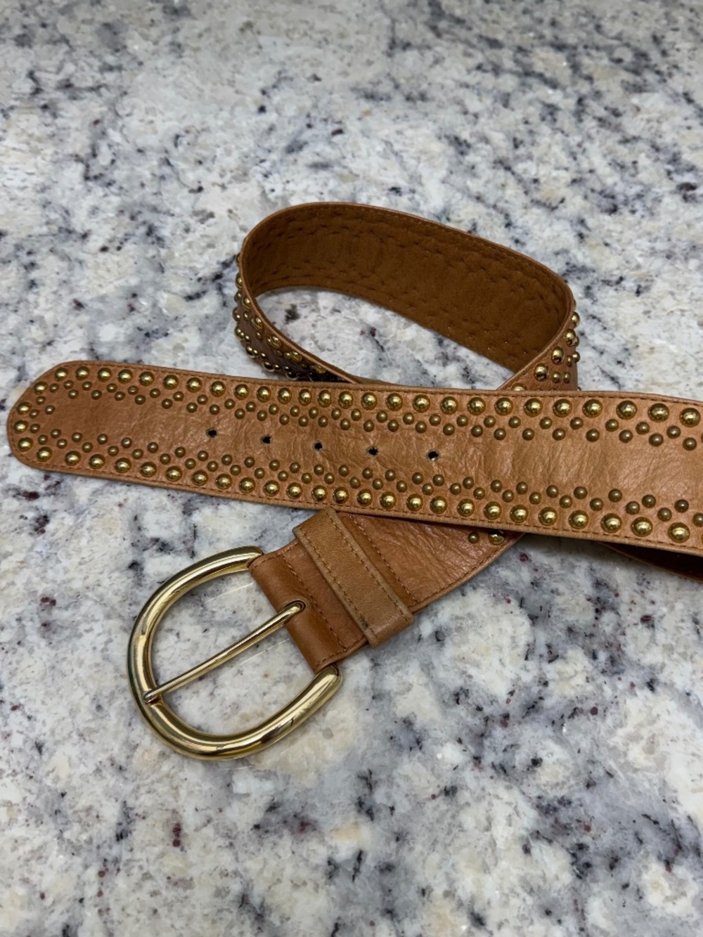 Vintage Saks Fifth Avenue Studded Womens Tan Leather Belt -Made In USA -Size L